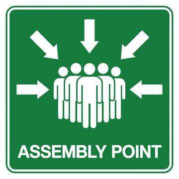 Assembly point sign with white arrows and human figures, safety vector