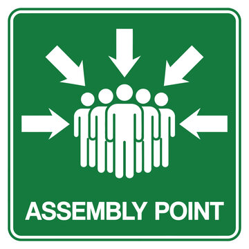 Assembly point sign with white arrows and figures, emergency gathering location symbol, vector