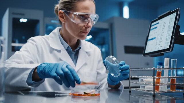 Female Scientist Examining Petri Dish Contents in Laboratory