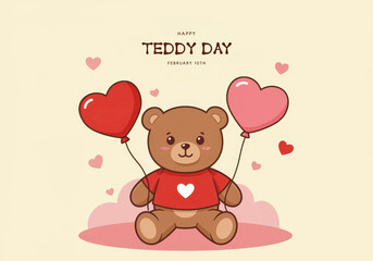 Cheerful Teddy Bear Holding Balloons for Happy Teddy Day february 10th red balloon