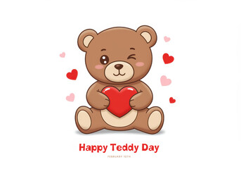 Cute brown teddy bear winking and holding a red heart for Teddy Day cartoon