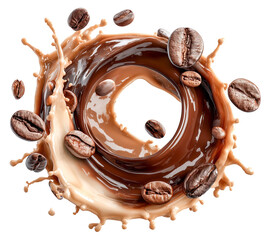 Cream swirl coffee splash chocolate swirl caramel swirl roasted bean latte swirl mocha swirl milk splash circular splash beverage art with energetic motion and rich aroma, isolated
