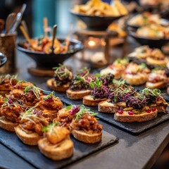 A table full of food with a variety of dishes including bread, vegetables