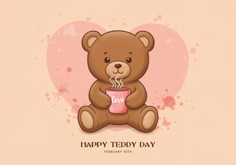 Cute Teddy Bear Holding a Mug with Love for Happy Teddy Day february 10th illustration
