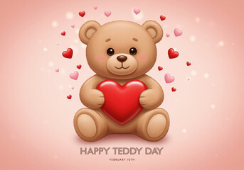 Cute teddy bear holding a red heart surrounded by pink hearts and bokeh lights love Valentine's Day