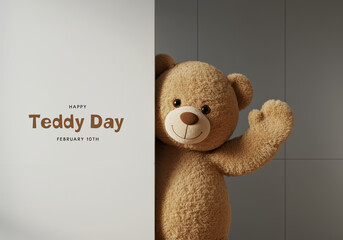 Fluffy Teddy Bear Peeking Around a Corner Waving Hello Happy Teddy Day hiding