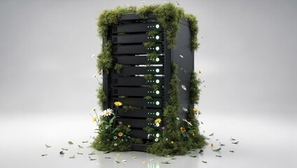 Server rack covered in lush green moss and wildflowers, symbolizing green technology and sustainability.