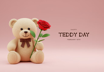 Fluffy teddy bear with a brown bow holding a red rose against a pink background flower love