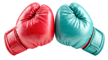 Red boxing glove teal boxing glove leather sports equipment clash competition training fitness impact energy pulses through vivid leather gloves locked tense clash, symbolizing, isolated