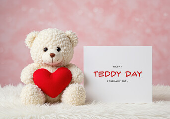 Fluffy white teddy bear holding red heart on pink textured background plush toy stuffed animal