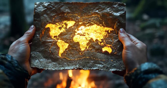 A glowing world map on parchment is held over a campfire, suggesting adventure and exploration in a dark forest.