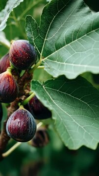 Dark ripe figs growing on a branch of a fig tree surrounded by green leaves in a garden, vertical