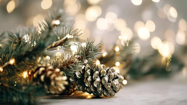 Close-up of a festive christmas decoration with glowing fairy lights, pine cones, and a fir branch