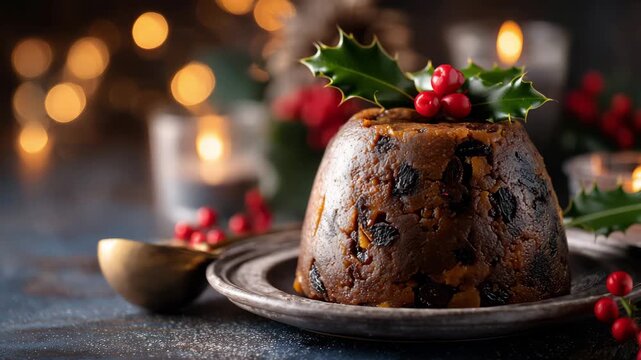 Festive christmas pudding served on a plate with holly berries and warm, atmospheric bokeh lights