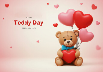 Happy Teddy Day with a cute teddy bear holding a heart and balloons february 10th love