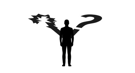 Man in black silhouette with question mark and lightning bolt symbols, representing confusion and uncertainty, business concept, decision making, problem