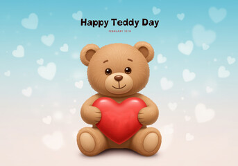 Happy Teddy Day with a fluffy teddy bear holding a red heart february 10th love