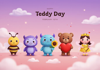 Happy Teddy Day with Cute Characters and Soft Clouds february 10th