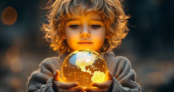 A child holds a glowing Earth globe, symbolizing hope and responsibility for the planet's future in a dreamy, cinematic style.