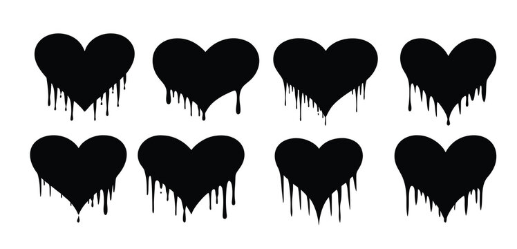 nine black dripping hearts are arranged on the pure white