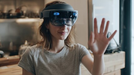 Woman wearing augmented reality headset smiling and reaching out her hand Virtual reality technology
