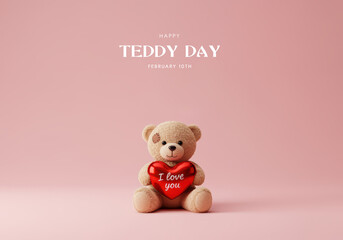 Single Teddy Bear Holds Red Heart with I Love You Message on Pink Background solo holding
