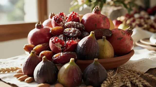 Fruit bowl for Tu Bishvat celebration with figs, dates, and pomegranates