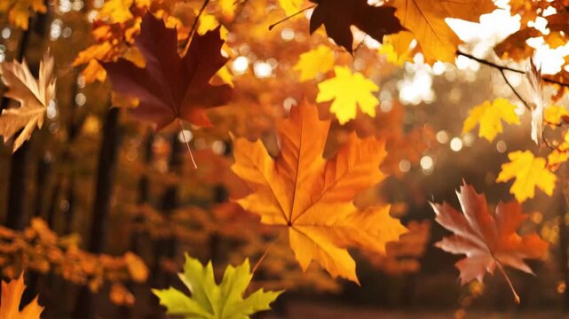 Autumn leaves flutter serenely in sunlit forest amid golden fall foliage