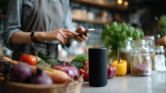 Person using smartphone in a kitchen with fresh vegetables smart speaker and jars