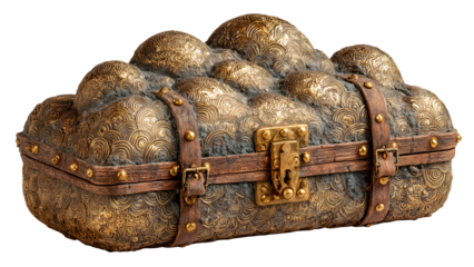 Ornate treasure chest golden metal carved swirl pattern leather strap brass lock vintage storage antique box fantasy object cloud shaped whimsical design radiates wonder and mystery, isolated