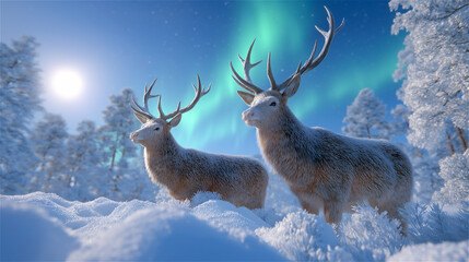 Two stags standing in deep snow in a silent winter forest under glowing aurora and moonlight. Scenic Arctic wildlife landscape, cold season nature, copy space.