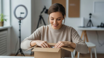 Woman blogger unboxing package in home studio, product review and online content creation
