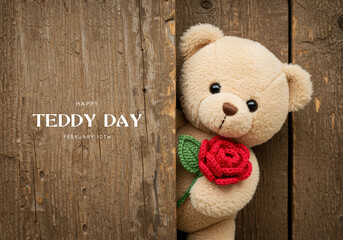 Teddy Bear Peeking Around Wooden Door with Red Rose for Teddy Day rustic weathered