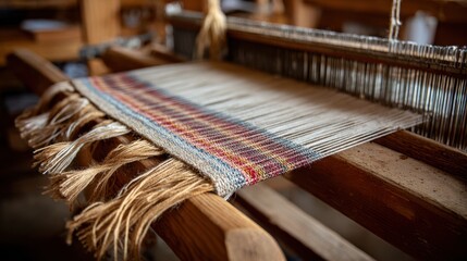 Close up of a colorful woven textile with fringe on a wooden loom showing intricate threads and patterns
