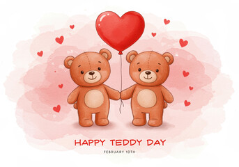 Two cartoon teddy bears holding hands with red heart balloon illustration cute
