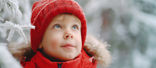 Child in red knit hat and scarf outdoors in snowy winter nature, looking up with curiosity, cold weather portrait with festive holiday feel, childhood magic and copy space.