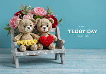 Two Crochet Teddy Bears Sitting on a Bench with Flowers for Teddy Day handmade stuffed animal