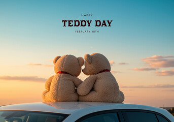 Two teddy bears sitting on a car roof at sunset with happy teddy day text love couple