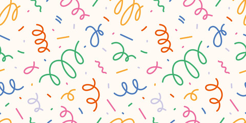 Seamless pattern with colorful confetti, streamers and decorative shapes. Festive abstract design for celebrations and events. Trendy vector illustration on light background, hand drawn, flat