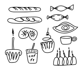 A set of hand-drawn line art doodles on a bakery theme with pastries and takeaway coffee.