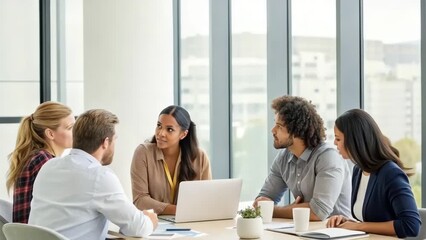 Diverse business team collaborating and discussing ideas around laptop during a meeting in modern office space - Powered by Adobe