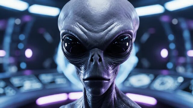 Alien entity contemplates in futuristic spaceship cockpit with dynamic lighting and technology