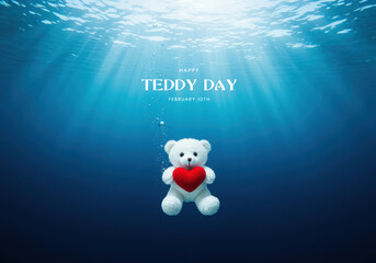 White Teddy Bear with Red Heart Floating Underwater for Teddy Day image photo