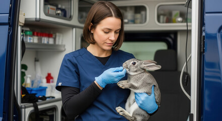 Caucasian vet hand feeding rabbit in mobile veterinary van, animal care and veterinary practice