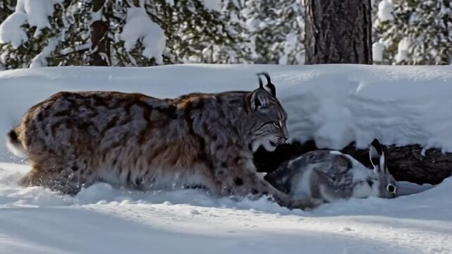 Lynx Predation: A Hare's Desperate Escape in Snowy Forest of Lapland in Finland Winter