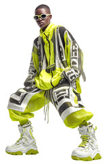 Futuristic fashion cyberpunk style neon green mesh jacket cargo pant chunky boot streetwear urban sunglasses techno Confident pose futuristic fashion, cyberpunk style with neon green, isolated