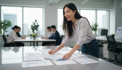 Asian woman marketing lead arranging charts on table in open-plan office, teamwork and strategy planning with colleagues
