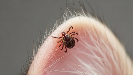 Tick on cat ear close-up showing parasite attachment on pet skin, tick bite risk and veterinary health awareness