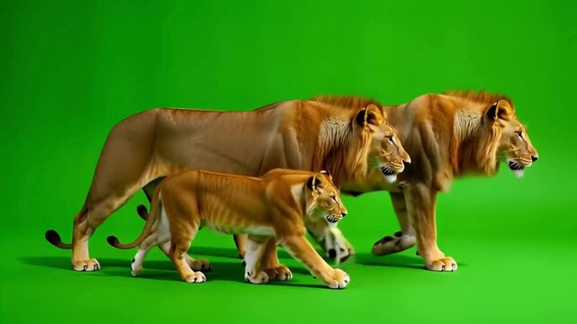 lion family with lioness and lion cub walking together on green screen background