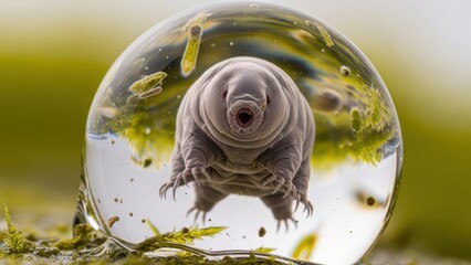 Microscopic Water Bear in a Water Droplet, Macro Photography.